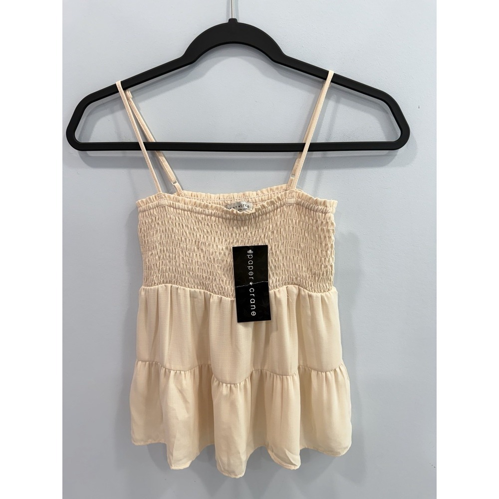 Paper Crane Cream Smocked Babydoll Tank Top XS Tiered Adjustable Strap Boho NWT